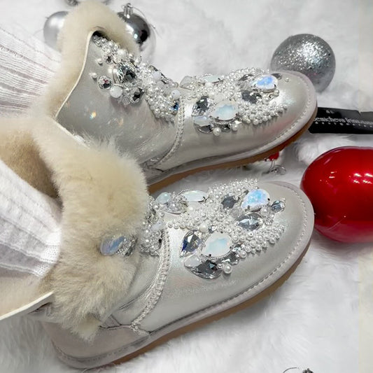 Rhinestone Sparkle Pearl Fur Snow Boots