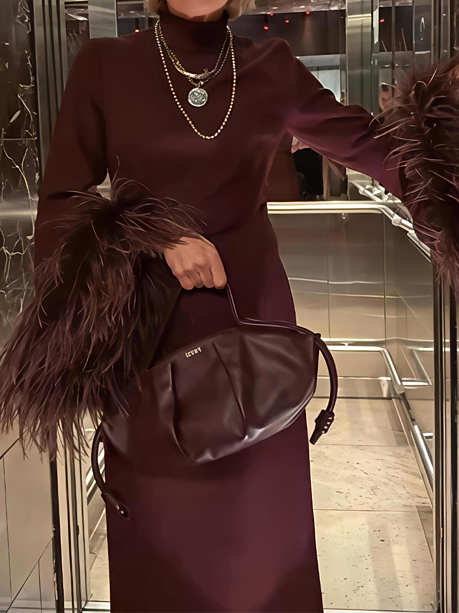 Feather Trim Stand-up Collar Elegant Dress