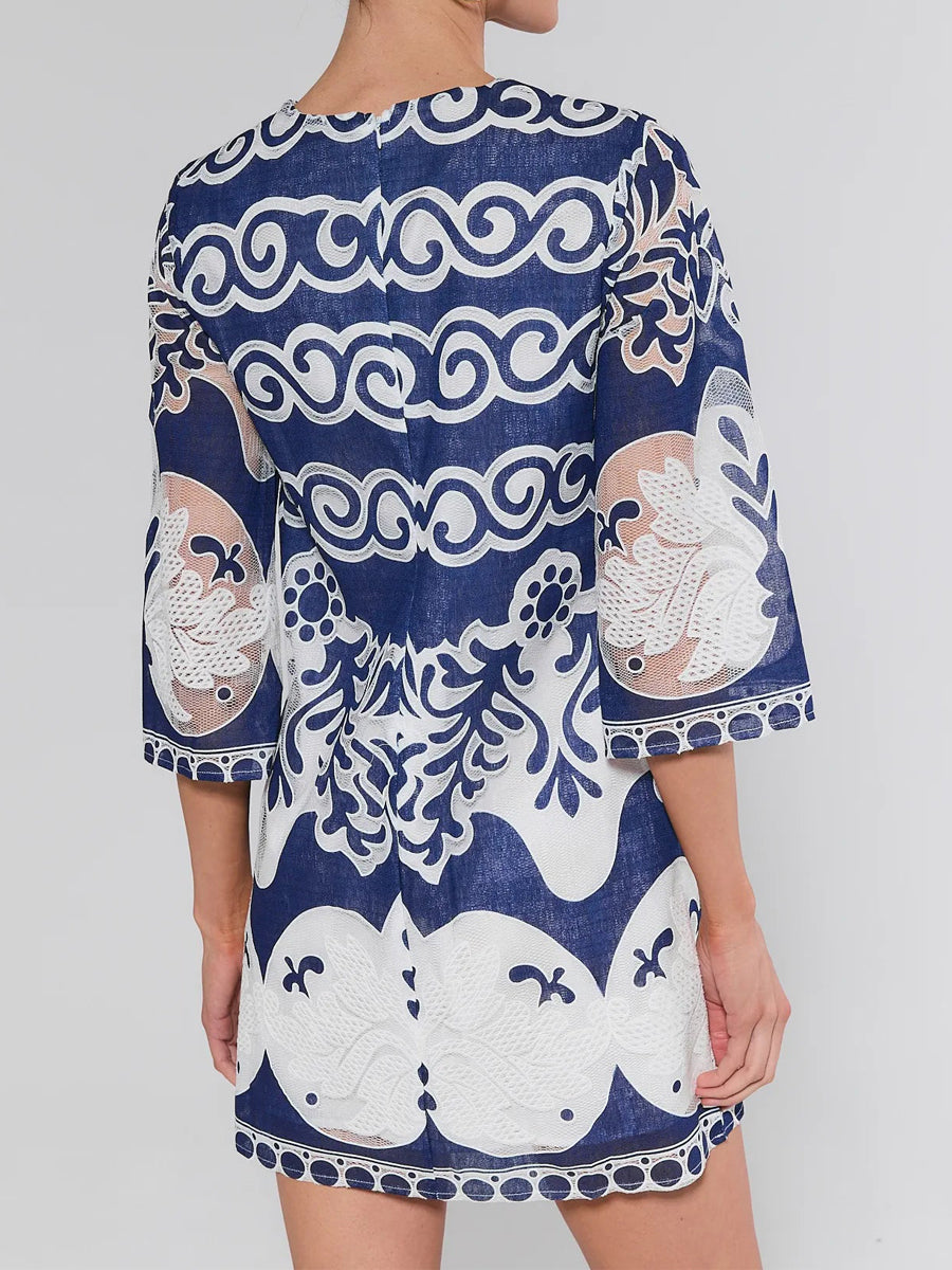 Embroidered Sheer Details 3/4 sleeves A-line Mini Dress
