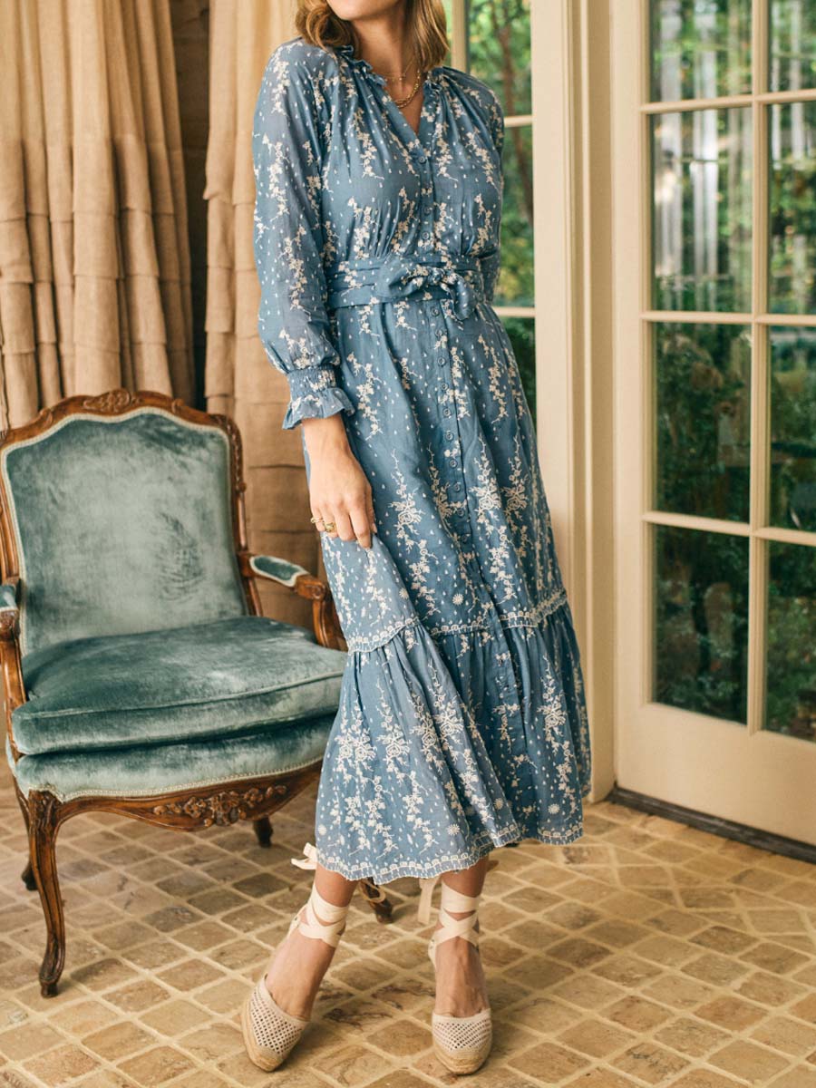 Embroidery Eyelet Ruffled Midi Dress