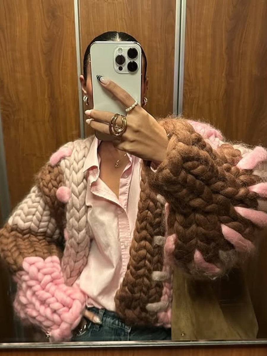 Asymmetrical Color Block Knit Balloon Sleeves Jacket