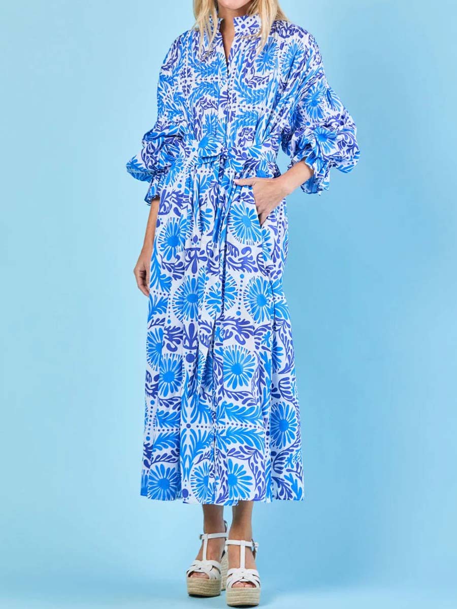 Printed Long Sleeve Belted Dress
