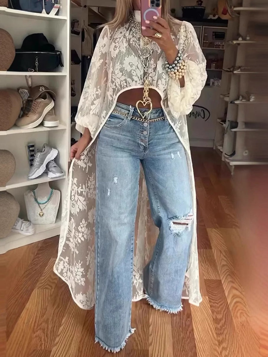 Lace Floral Long Sleeve See-through Top