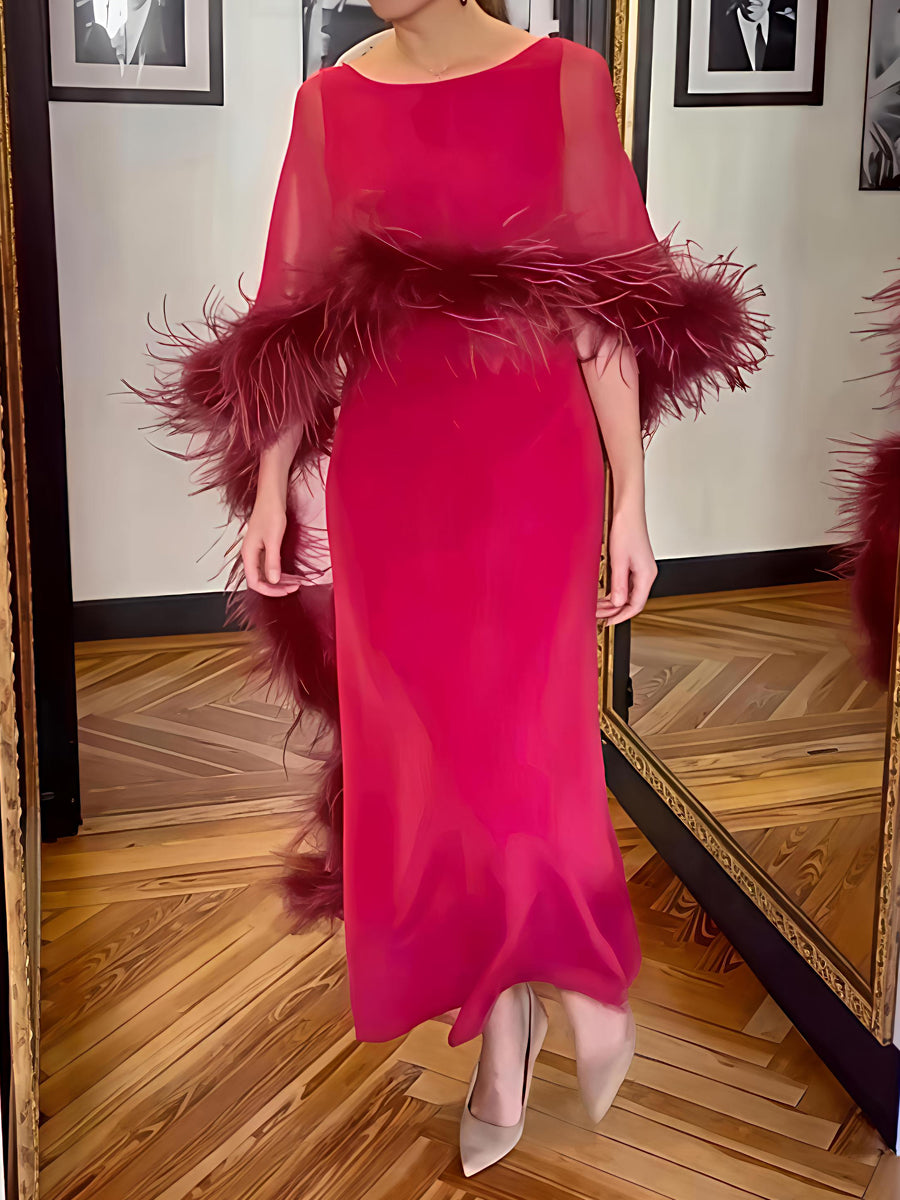 Feather Trim Cape Party Maxi Dress