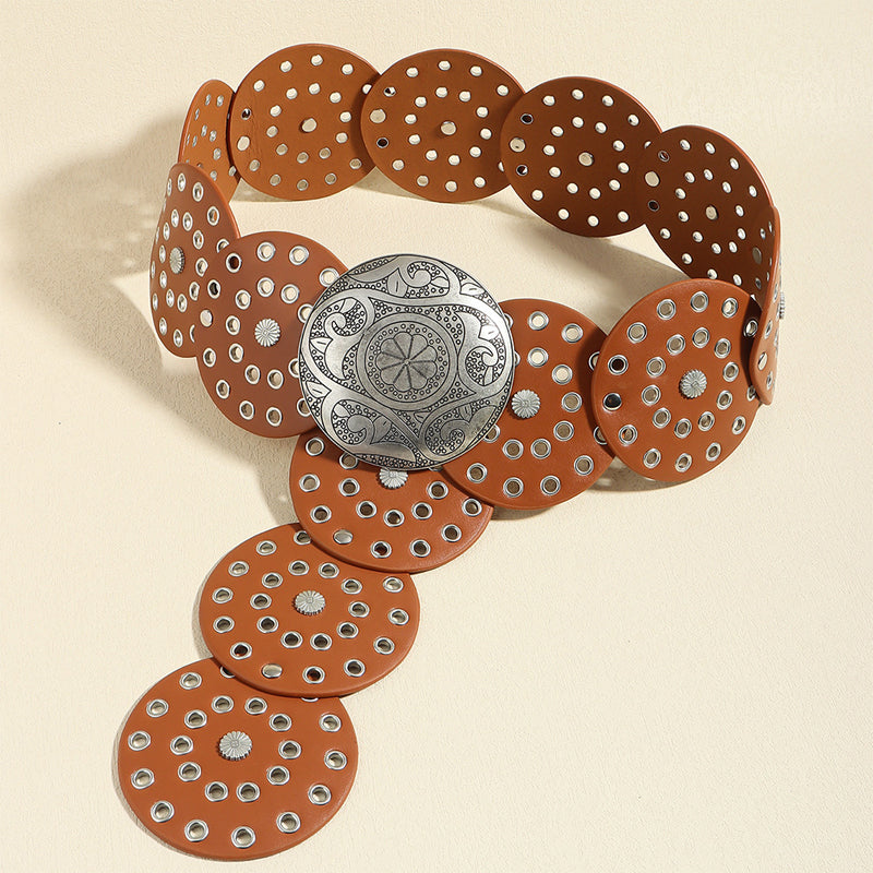 Retro Exaggerated Round Cutout Metal Wide Belt