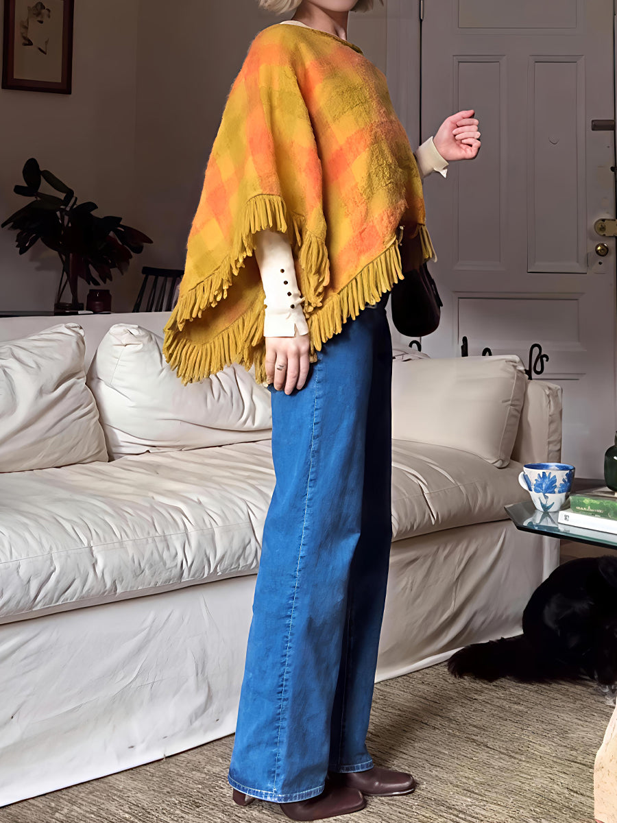 Plaid Print Tassel Hem Mohair Shawl