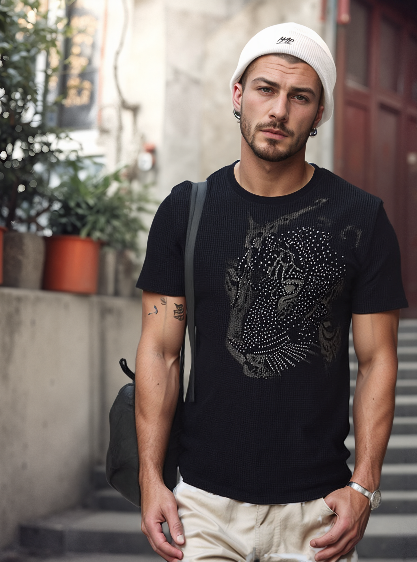 Men's rhinestone leopard short-sleeved T-shirt