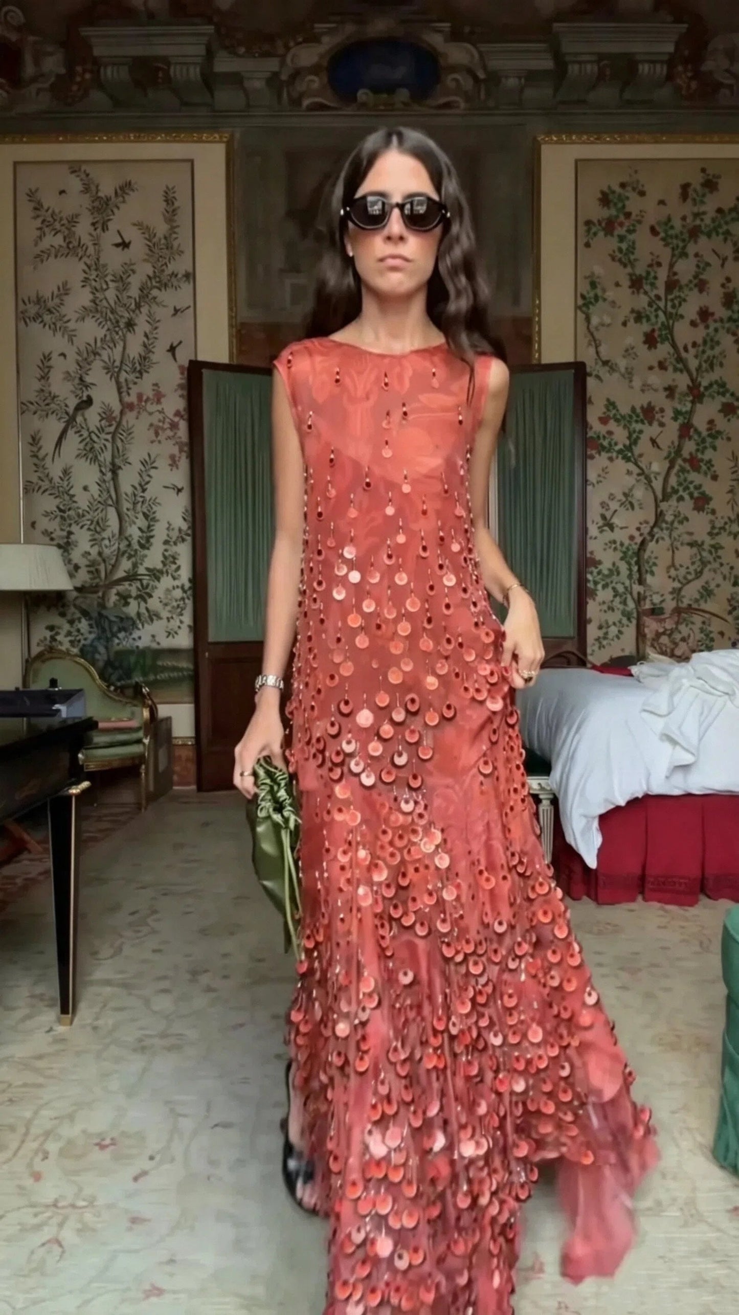 Sequin-Embroidered Long Silk Dress