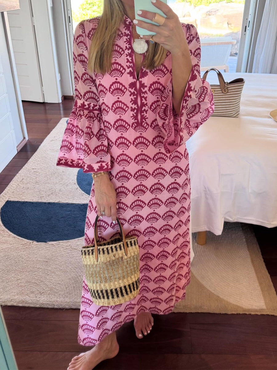 Shell Print Flared Sleeve Loose Cotton Maxi Dress