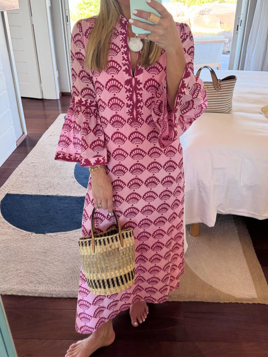 Shell Print Flared Sleeve Loose Cotton Maxi Dress