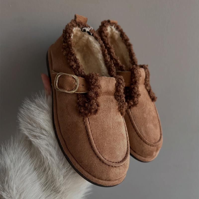 Suede Fur Detail Buckle Women's Loafers