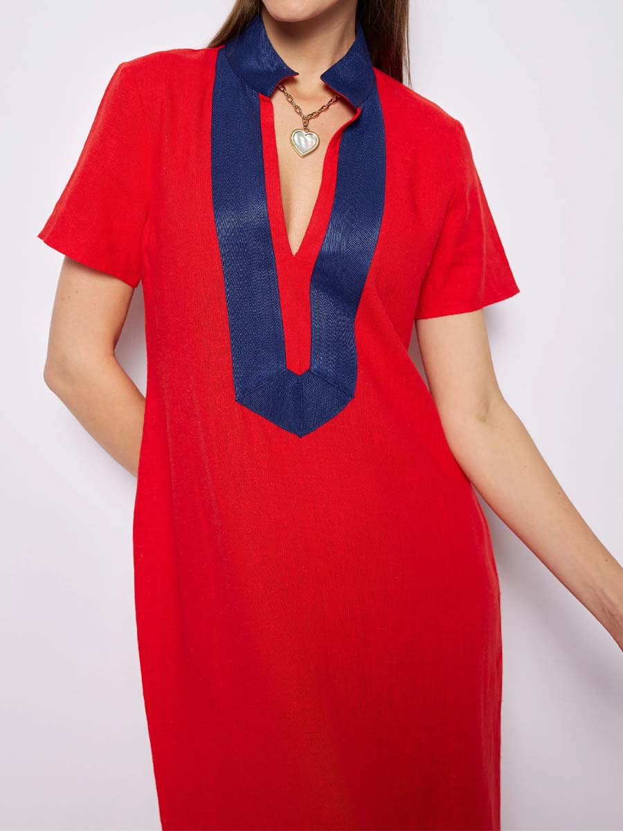 Grosgrain Trim At Collar V-neck Dress