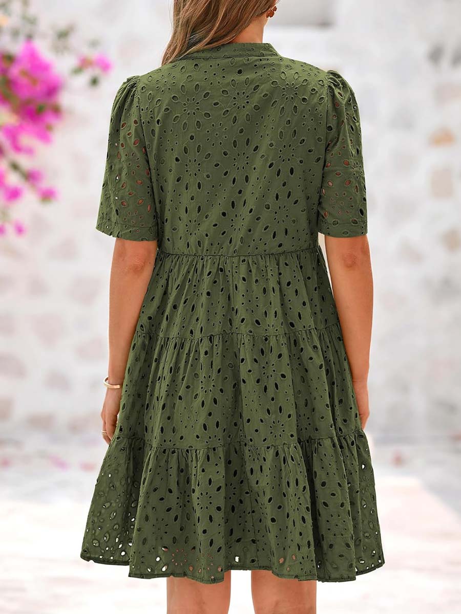 V-neck Hollow-out Embroidered Dress