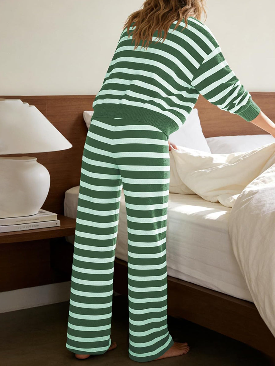 Striped Button Up Cardigan & Wide Leg Pants Two Pieces Set