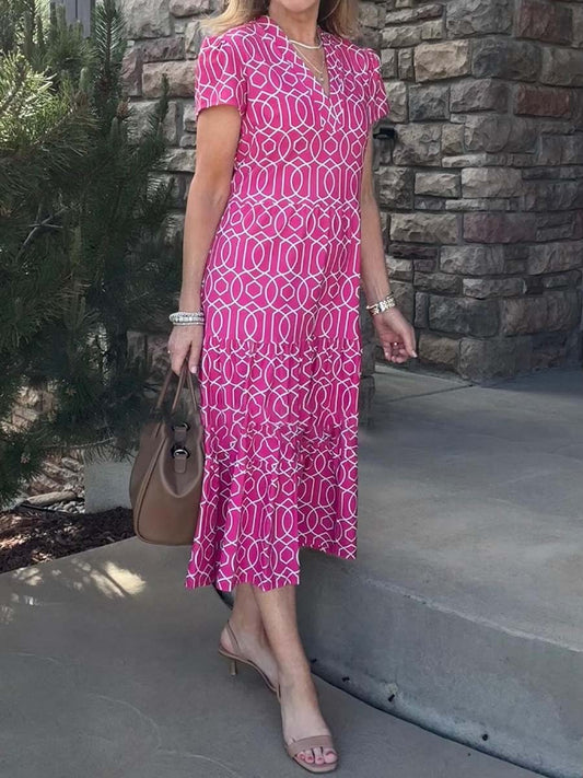 Printed V Neck Short Sleeve Dress