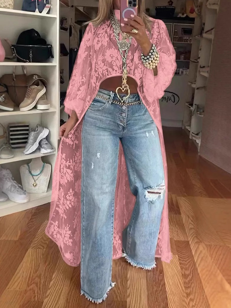 Lace Floral Long Sleeve See-through Top