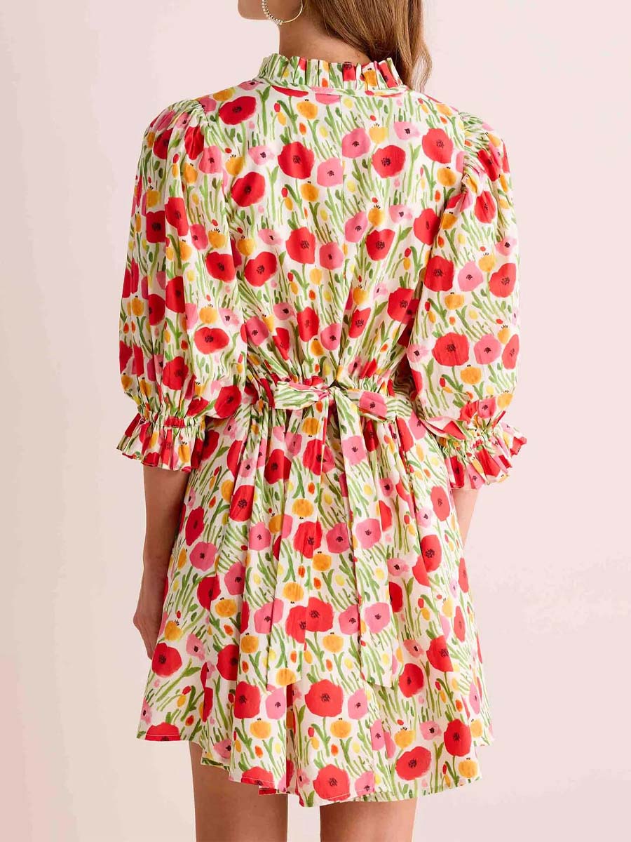 Floral Print Ruffled Collar Mini Dress