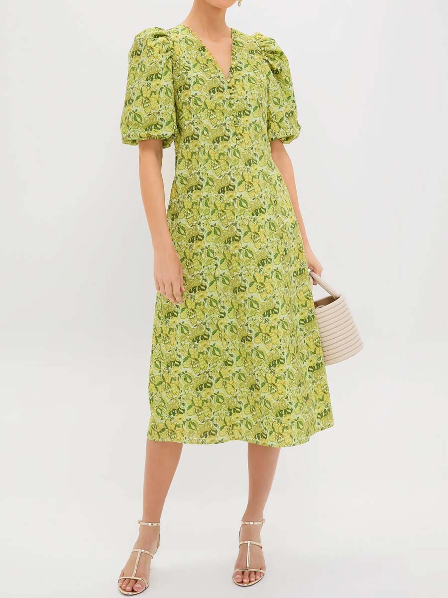 Floral Print V Neck Puff Sleeve Dress