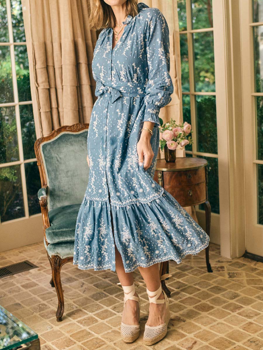 Embroidery Eyelet Ruffled Midi Dress