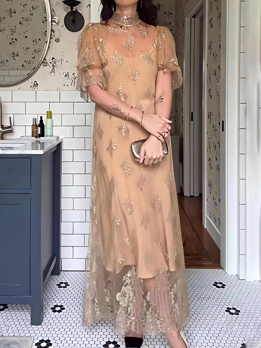 Mock Neck Cap Sleeve Lace Maxi Dress