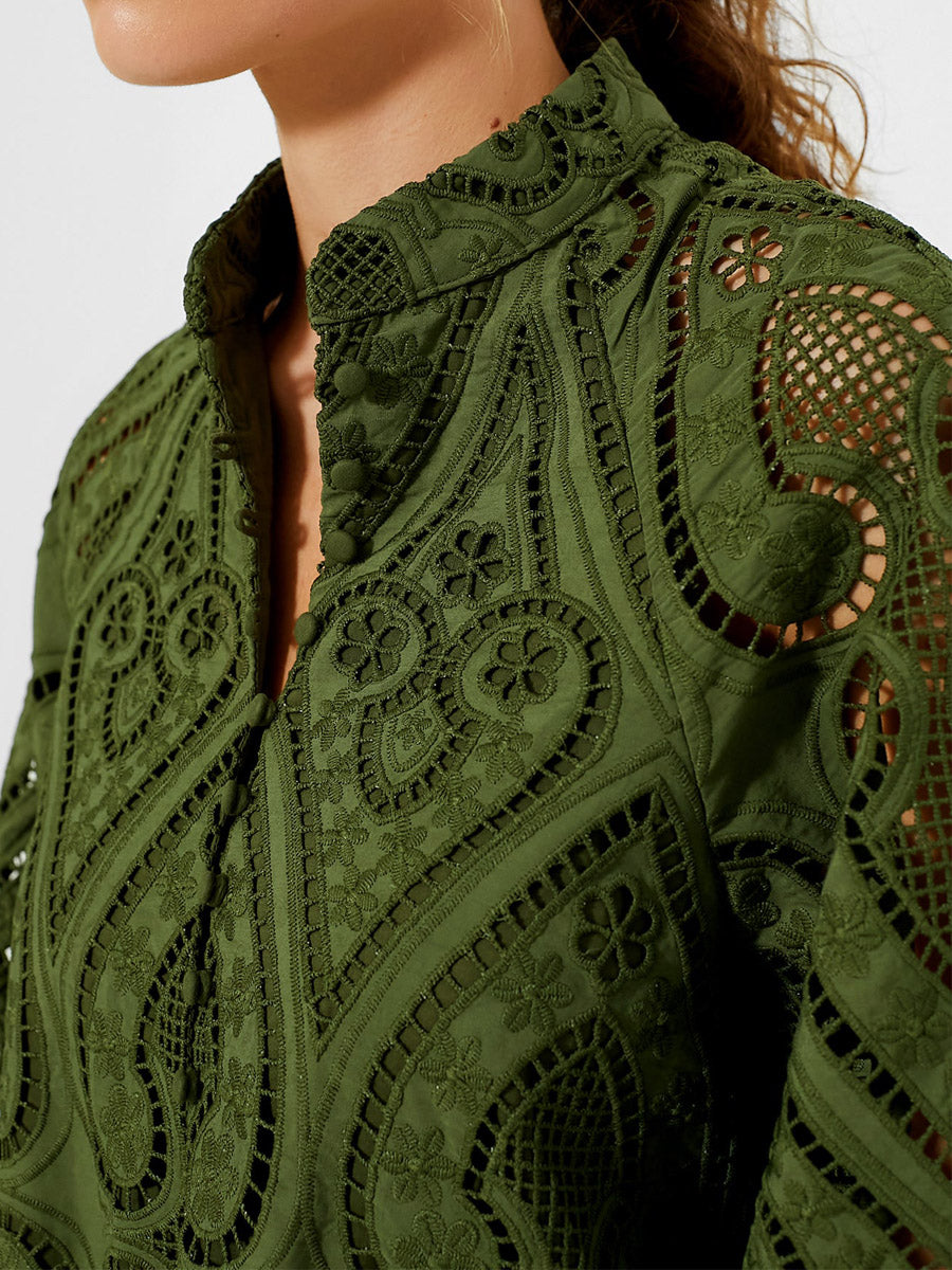 Eyelet Lace Balloon Sleeves Elasticated Cuffs Dress