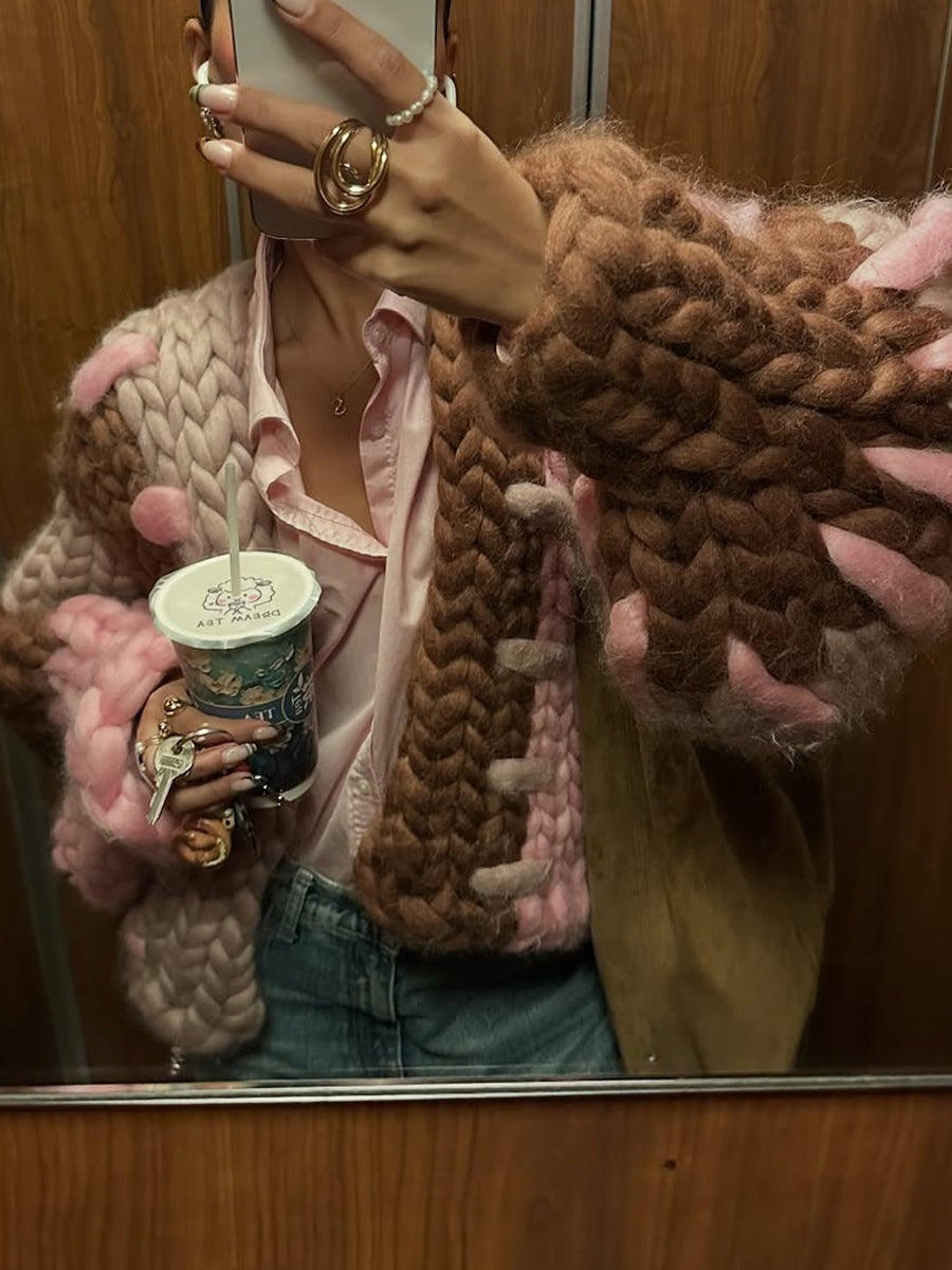 Asymmetrical Color Block Knit Balloon Sleeves Jacket