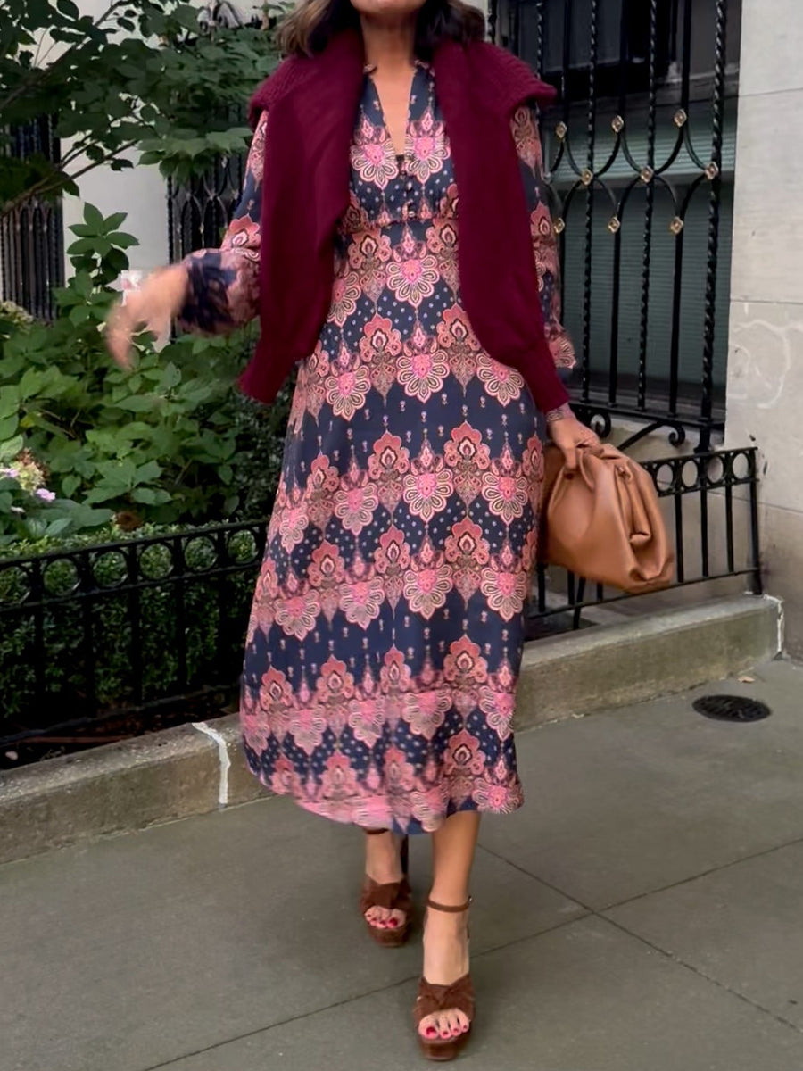 Printed V Neck Long Sleeve Dress
