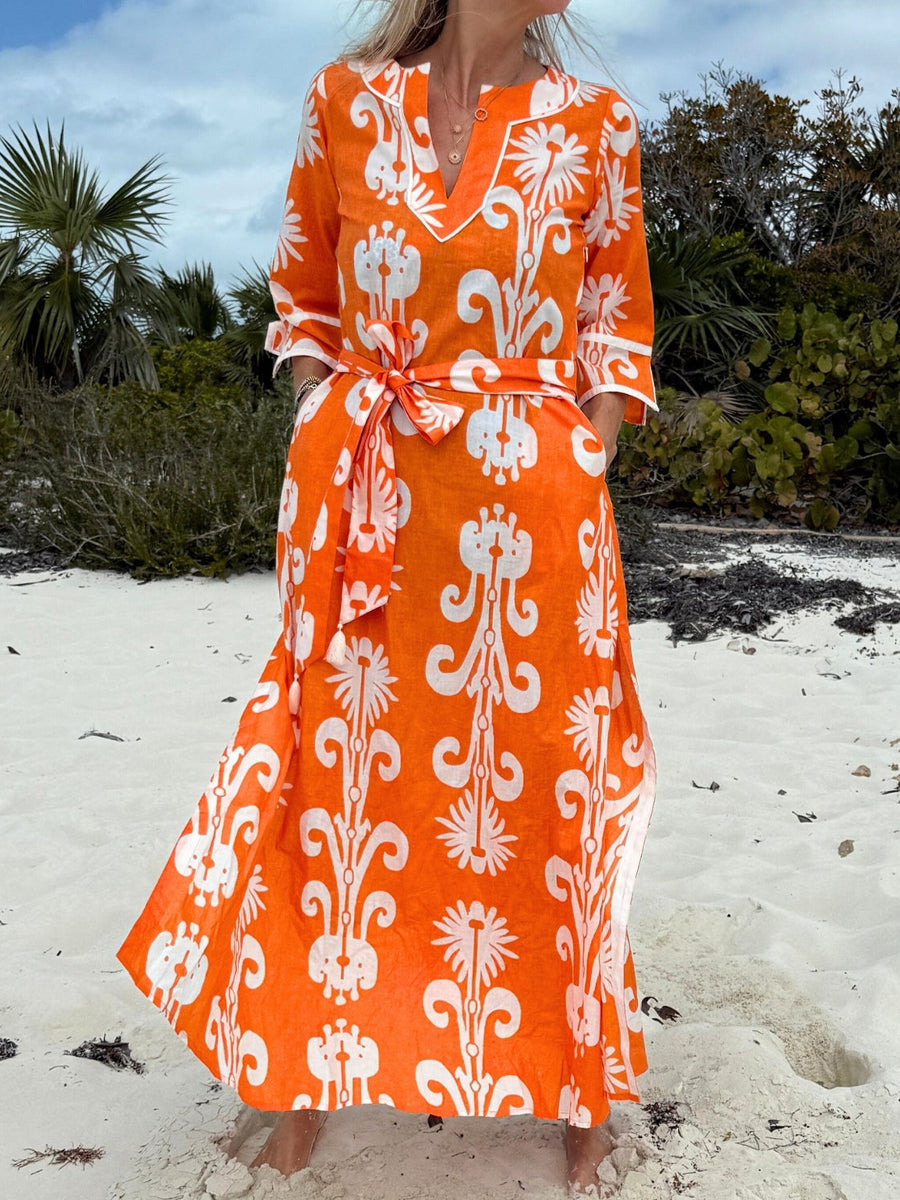 Split Neck Printed Belted Maxi Dress