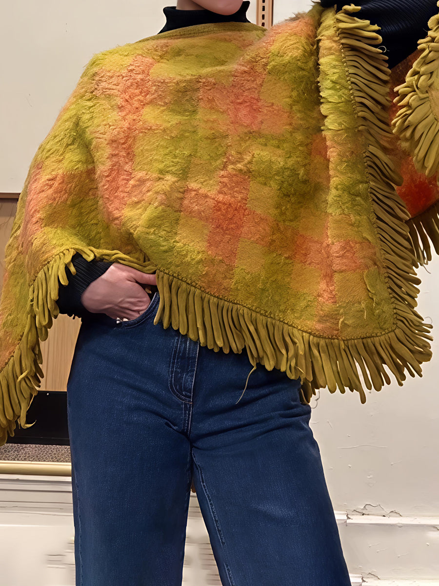 Plaid Print Tassel Hem Mohair Shawl