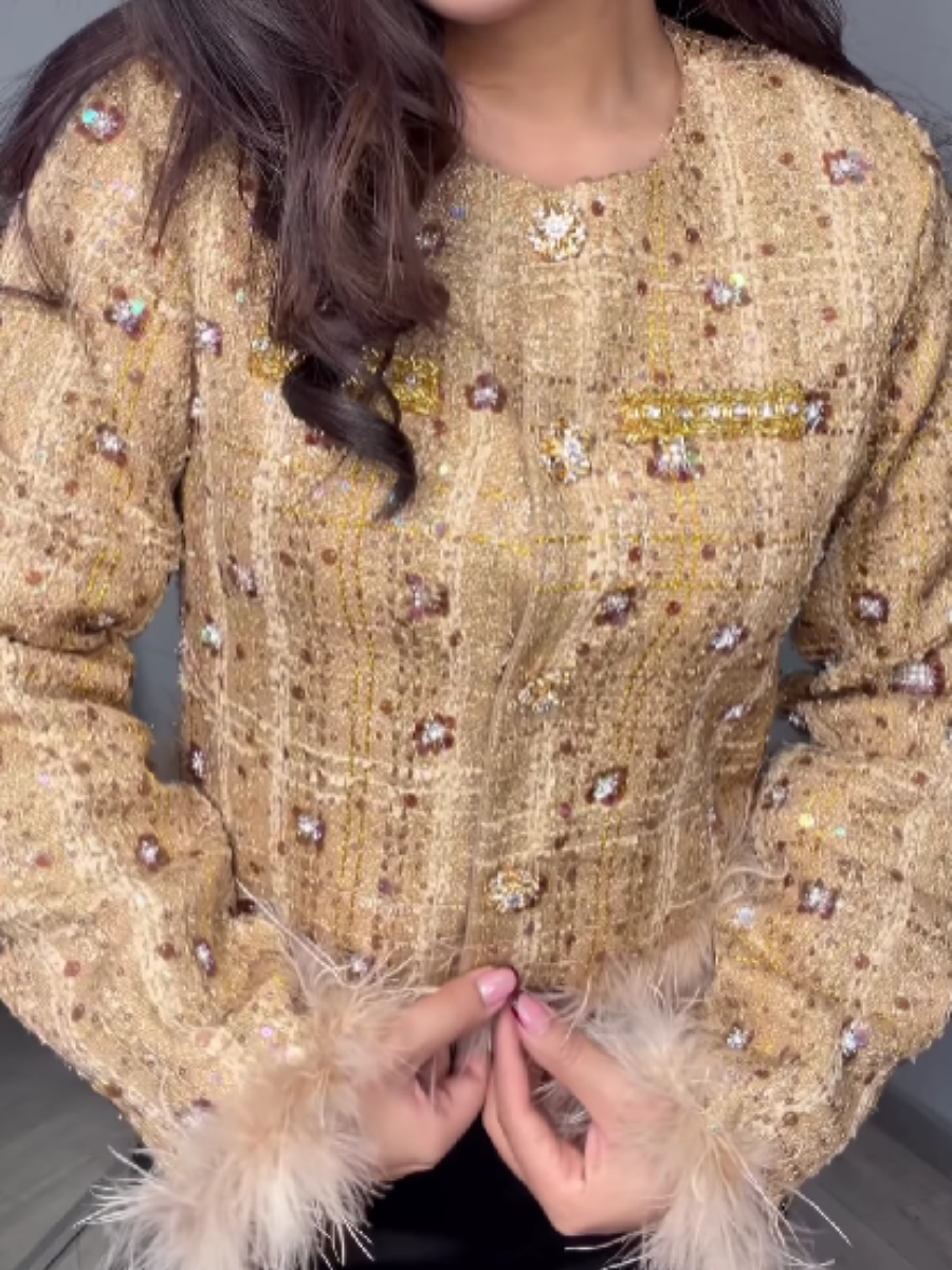 Tweed Diamond Embellished Plush Cuff Coat