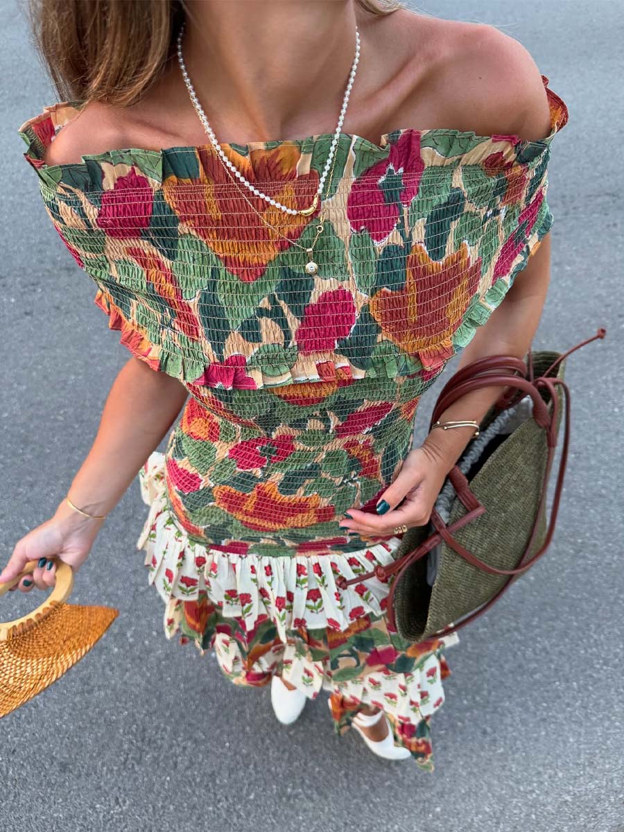 Floral Print Off Shoulder Fold Dress