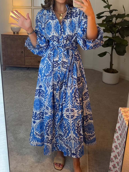 Printed Long Sleeve Belted Dress