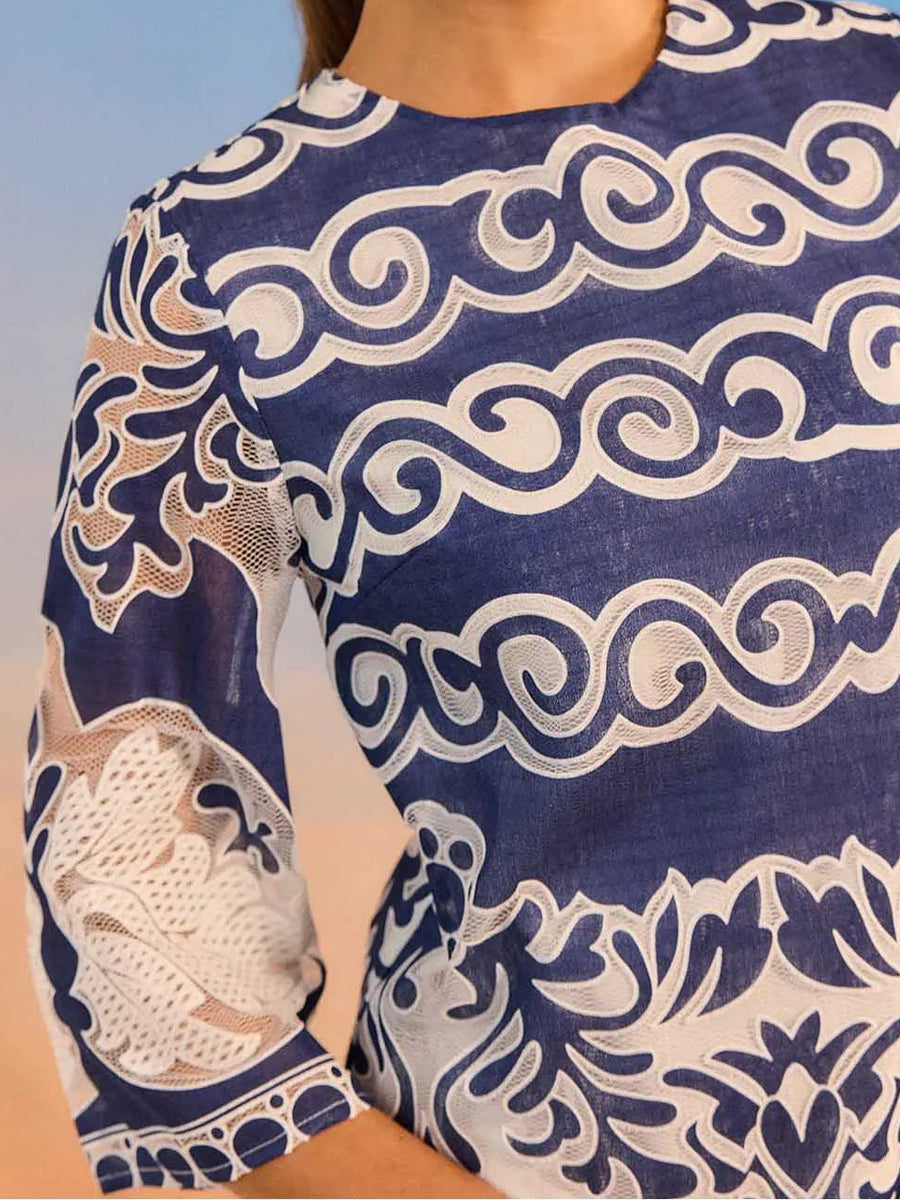 Embroidered Sheer Details 3/4 sleeves A-line Mini Dress