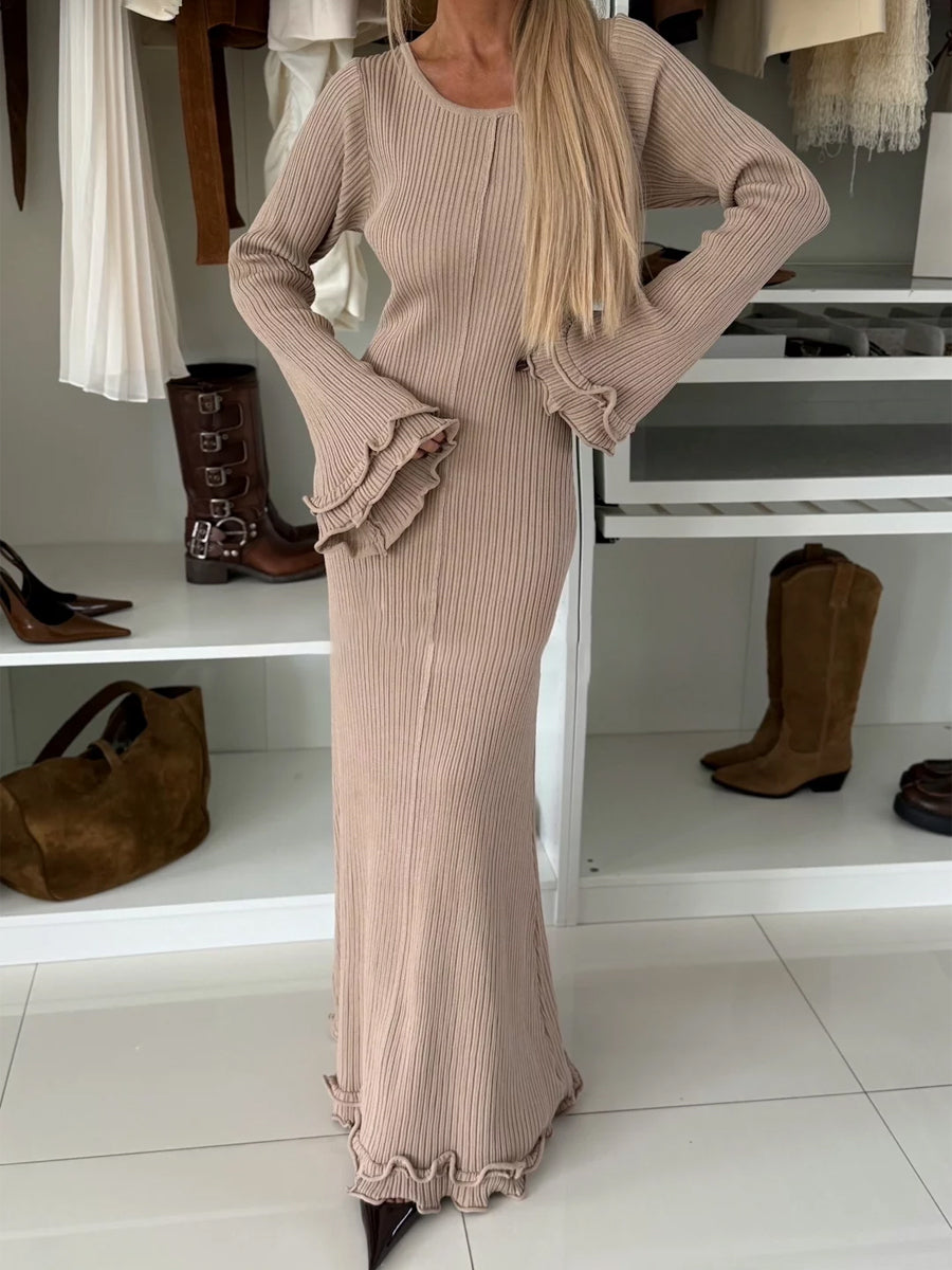 Round Neck Ruffled Sleeve Lace-up Dress