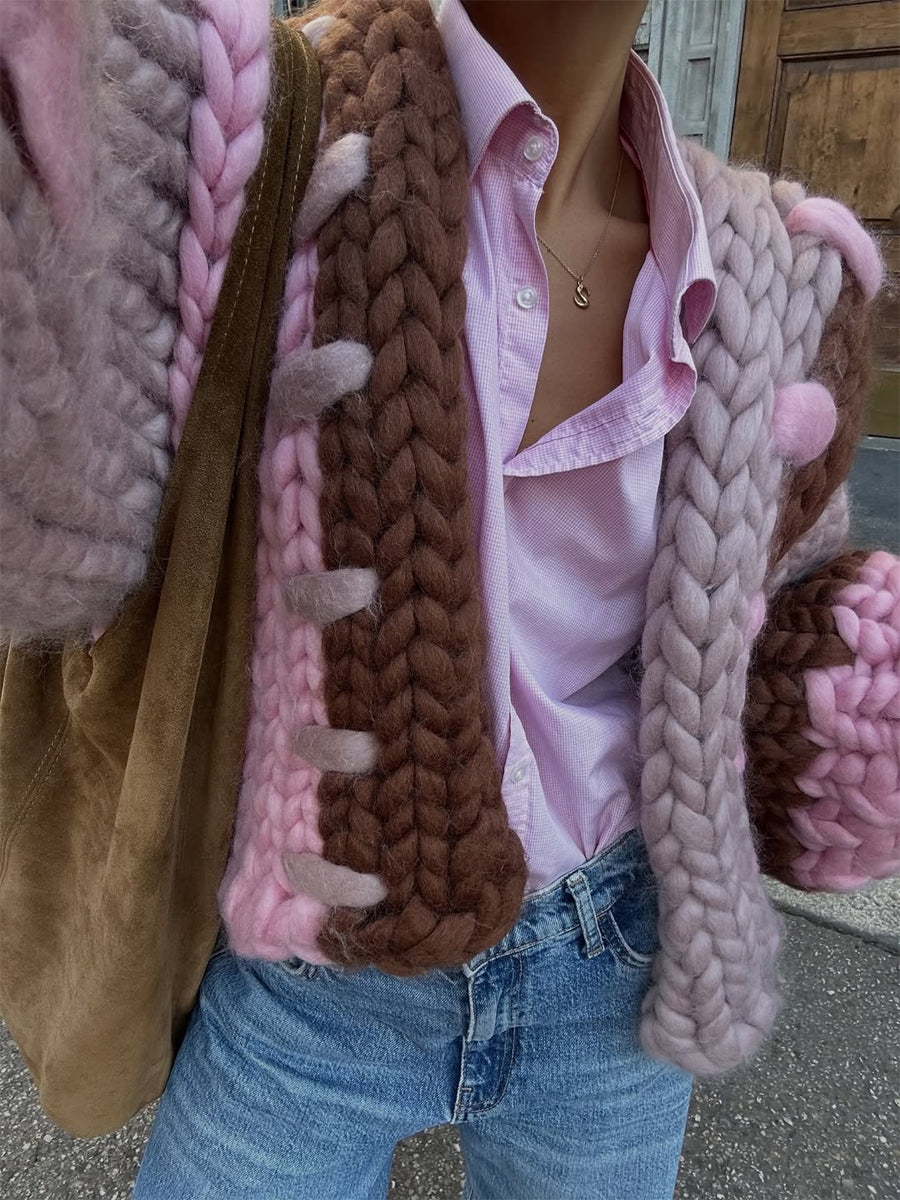 Asymmetrical Color Block Knit Balloon Sleeves Jacket