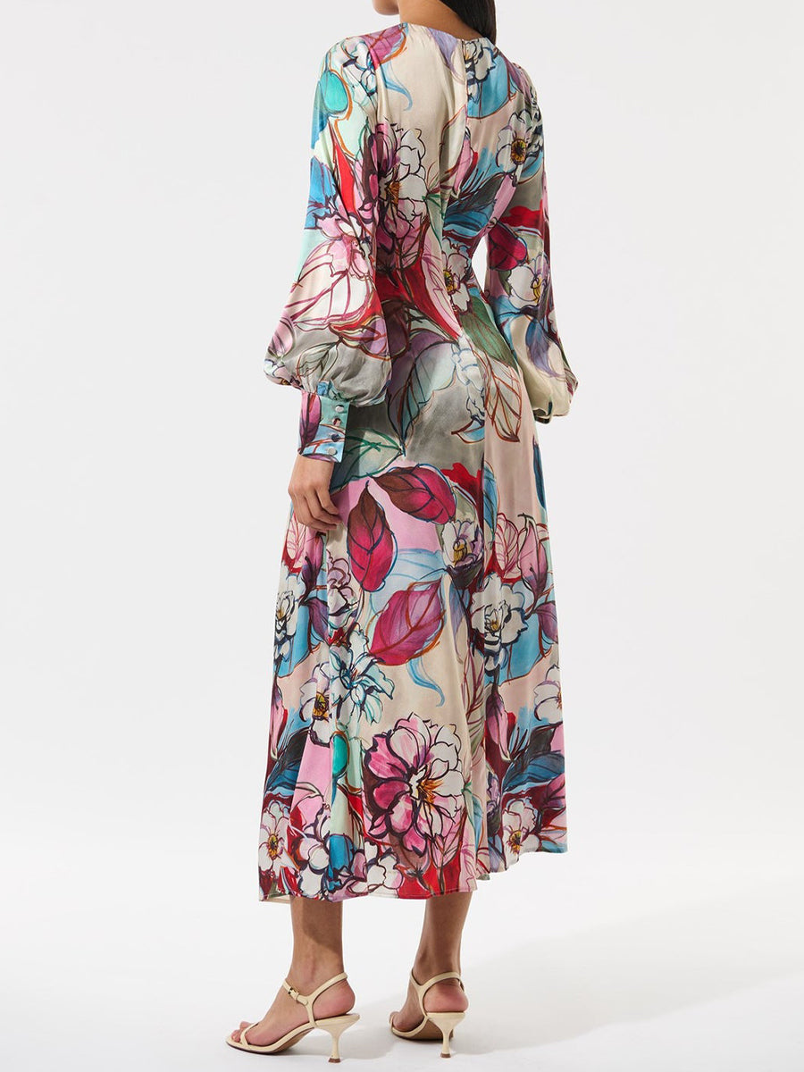 Printed Slit Hem Long Sleeve Dress