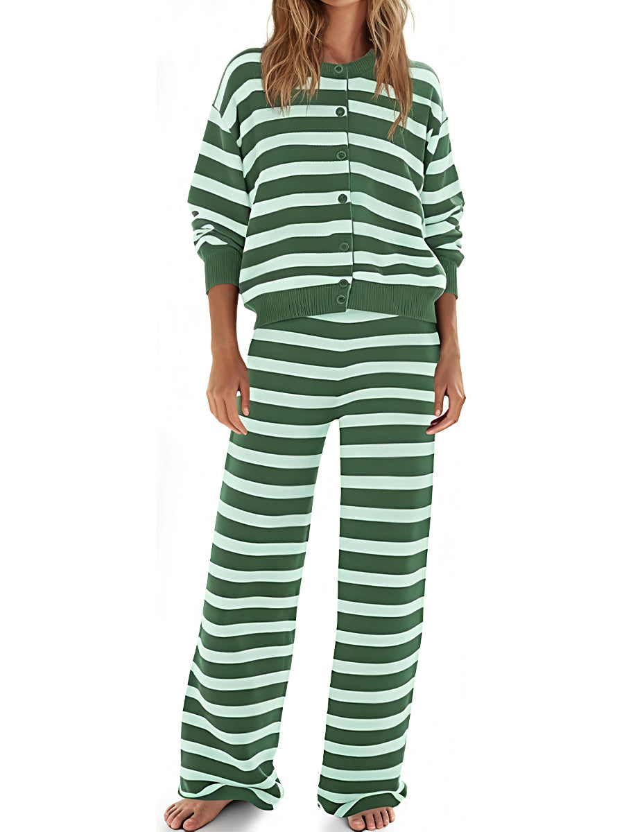 Striped Button Up Cardigan & Wide Leg Pants Two Pieces Set