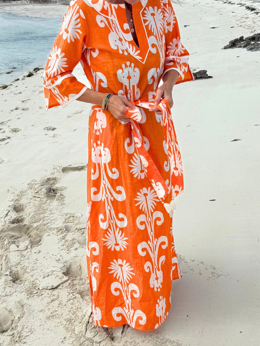 Split Neck Printed Belted Maxi Dress