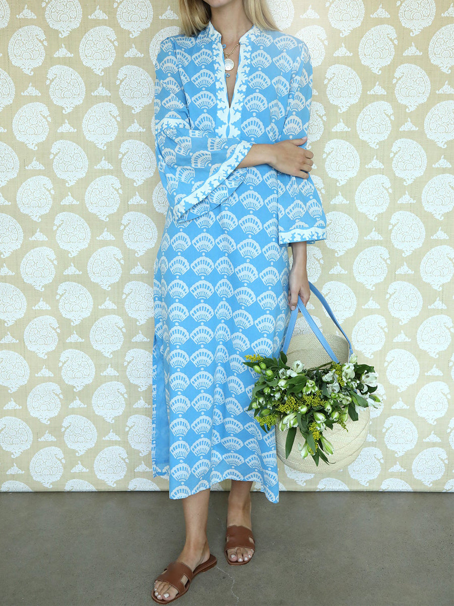 Shell Print Flared Sleeve Loose Cotton Maxi Dress
