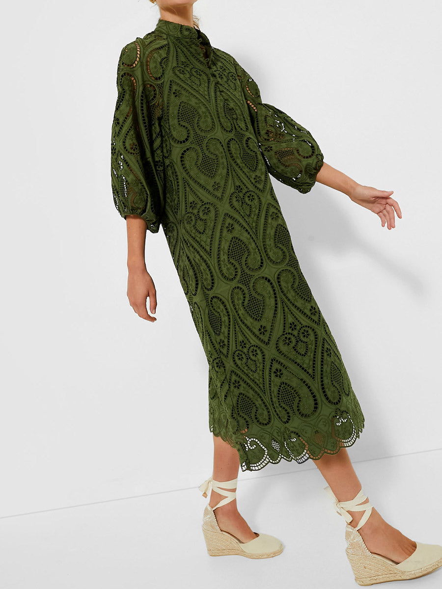 Eyelet Lace Balloon Sleeves Elasticated Cuffs Dress