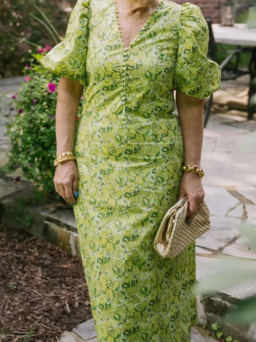 Floral Print V Neck Puff Sleeve Dress