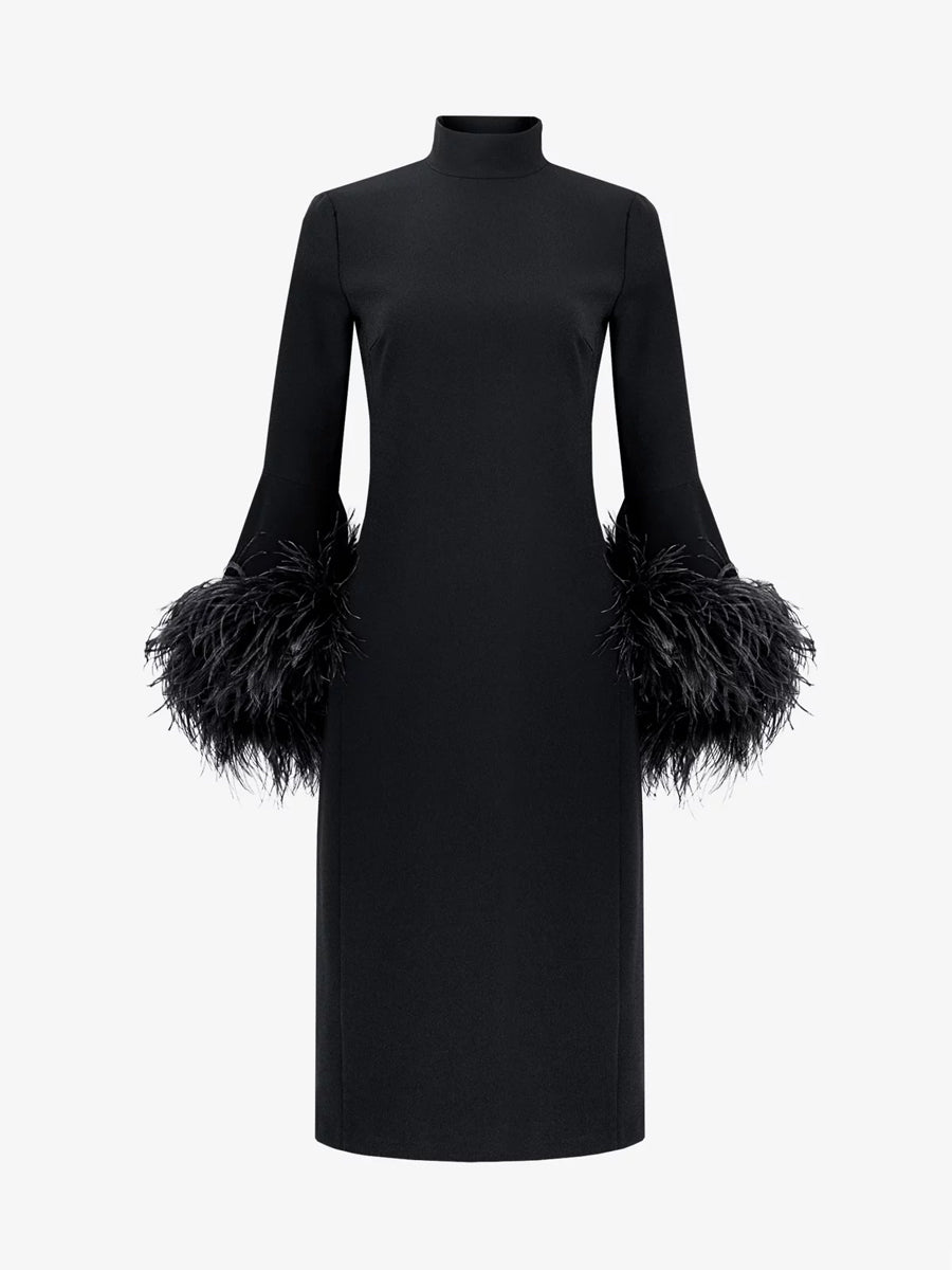 Feather Trim Stand-up Collar Elegant Dress