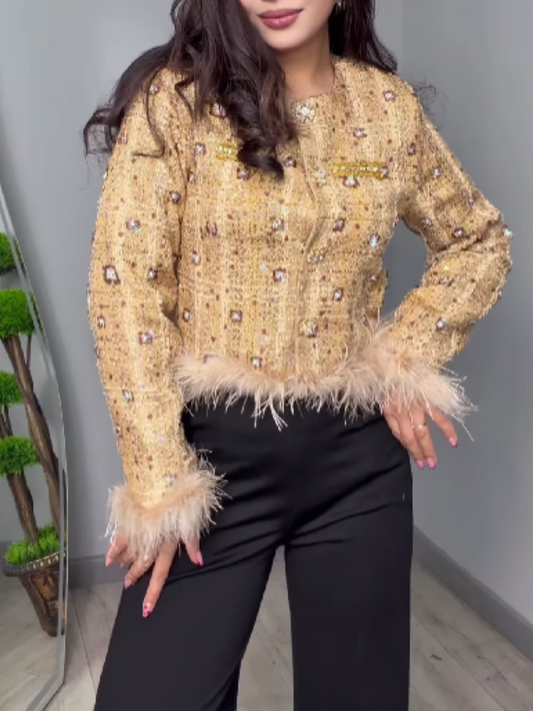 Tweed Diamond Embellished Plush Cuff Coat