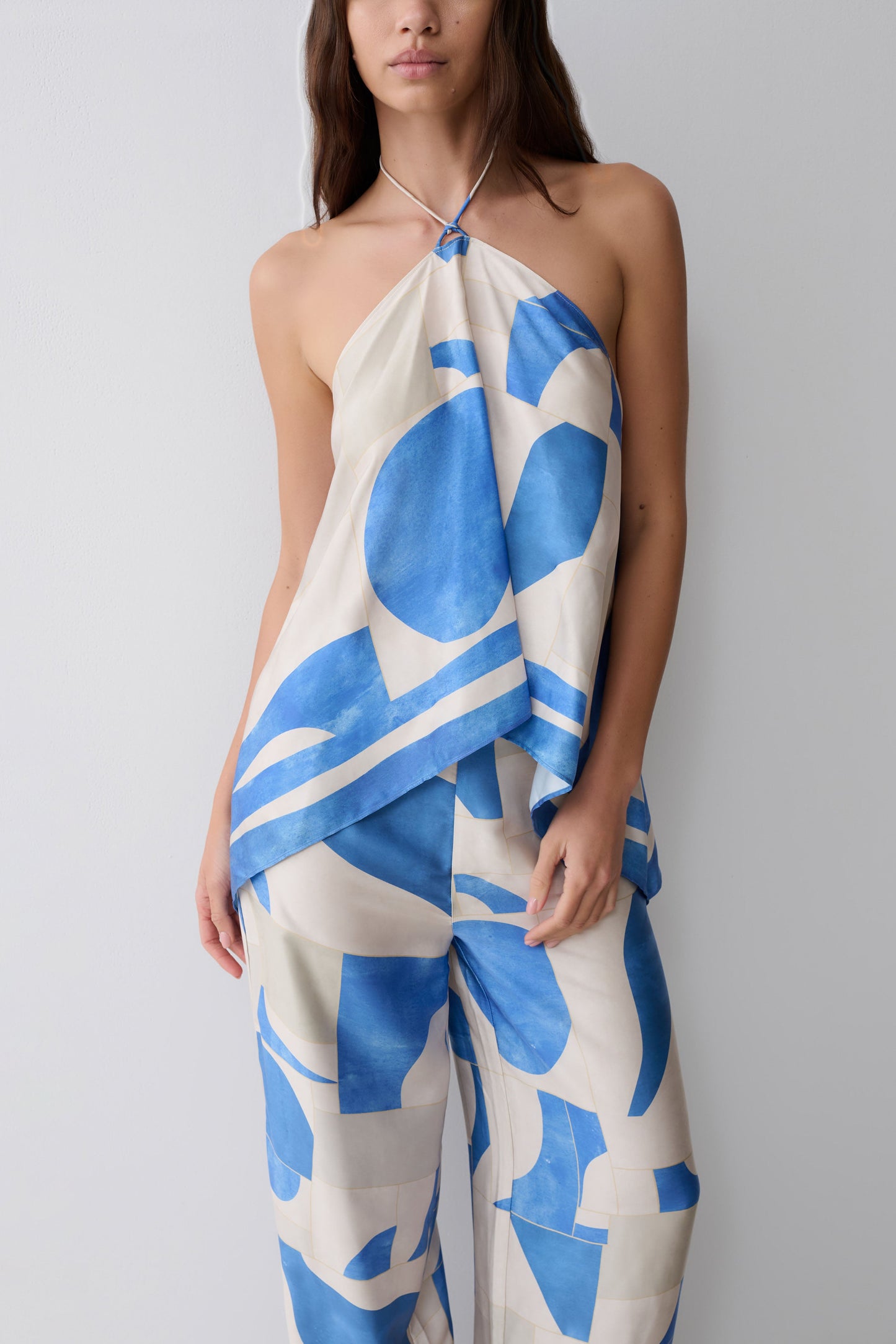 Draped Satin Halter Top - Blue Geo Tile Print