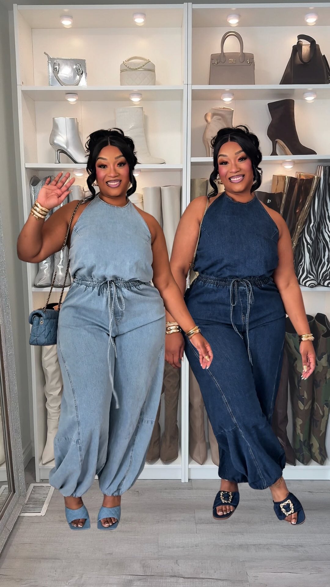 High-Neck Linen-Blend Denim Balloon Leg Jumpsuit