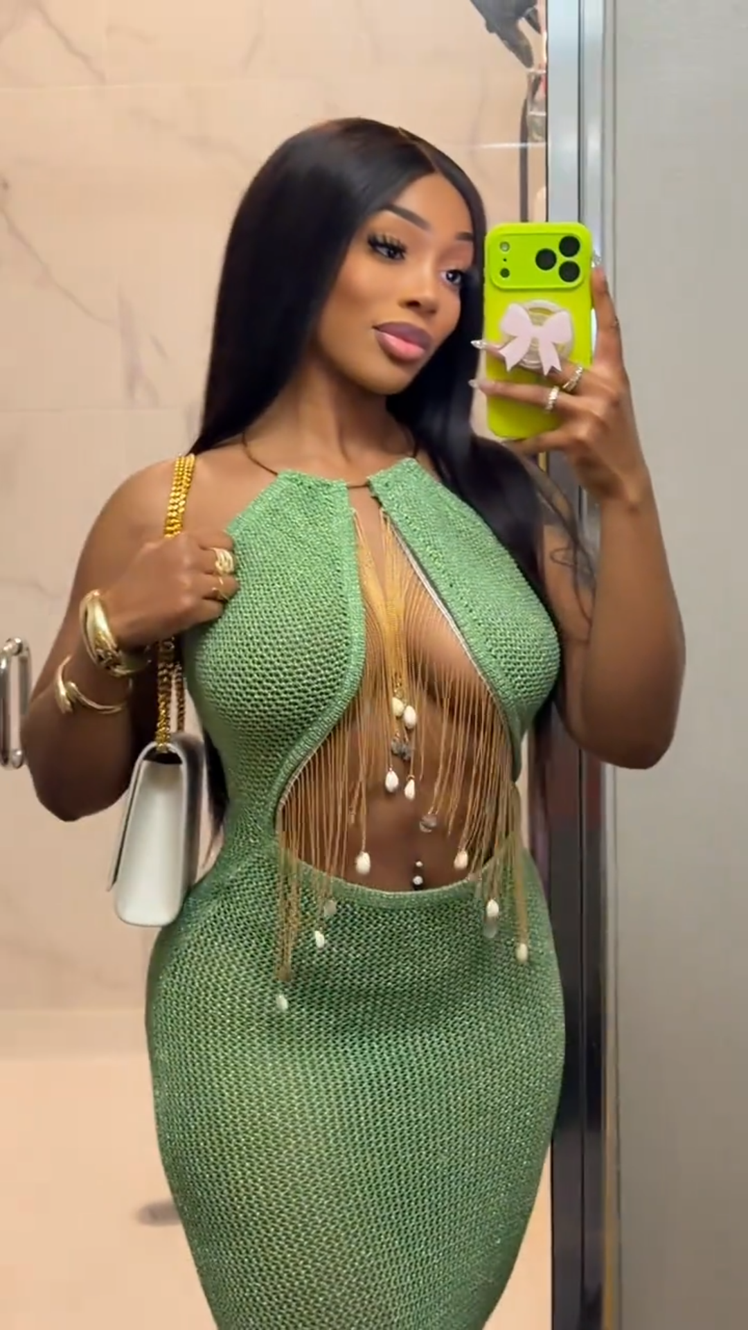 Island Heat Fringe Metallic Crochet Maxi Dress - Green