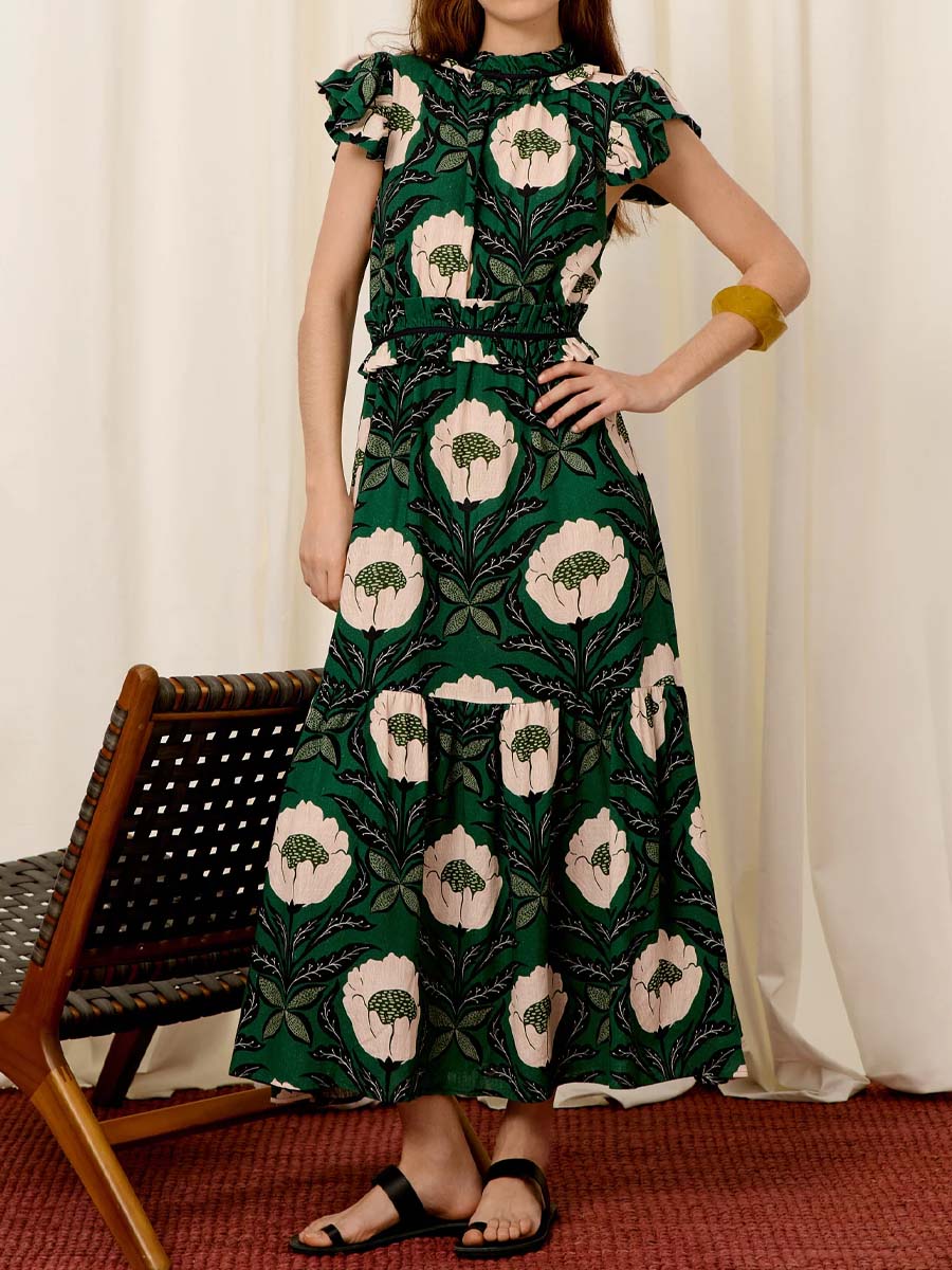 Printed Ruffled Short Sleeve Dress