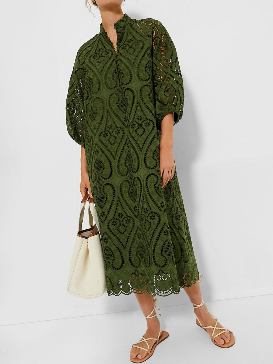 Eyelet Lace Balloon Sleeves Elasticated Cuffs Dress