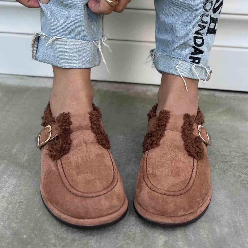 Suede Fur Detail Buckle Women's Loafers