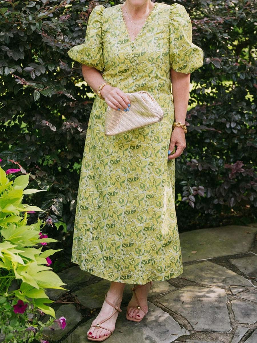 Floral Print V Neck Puff Sleeve Dress